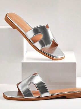 Women's Silver Slide Sandals - Metallic Open-Toe Slip-Ons